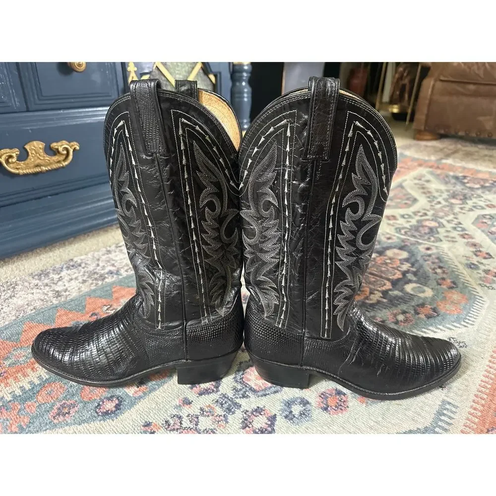 Vintage Dan Post Black Teju Lizard Men's Cowboy Boots USA 9.5B Western